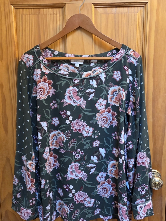 LOFT Tops - LOFT Olive Floral Long-Sleeve Blouse with Pink Blooms